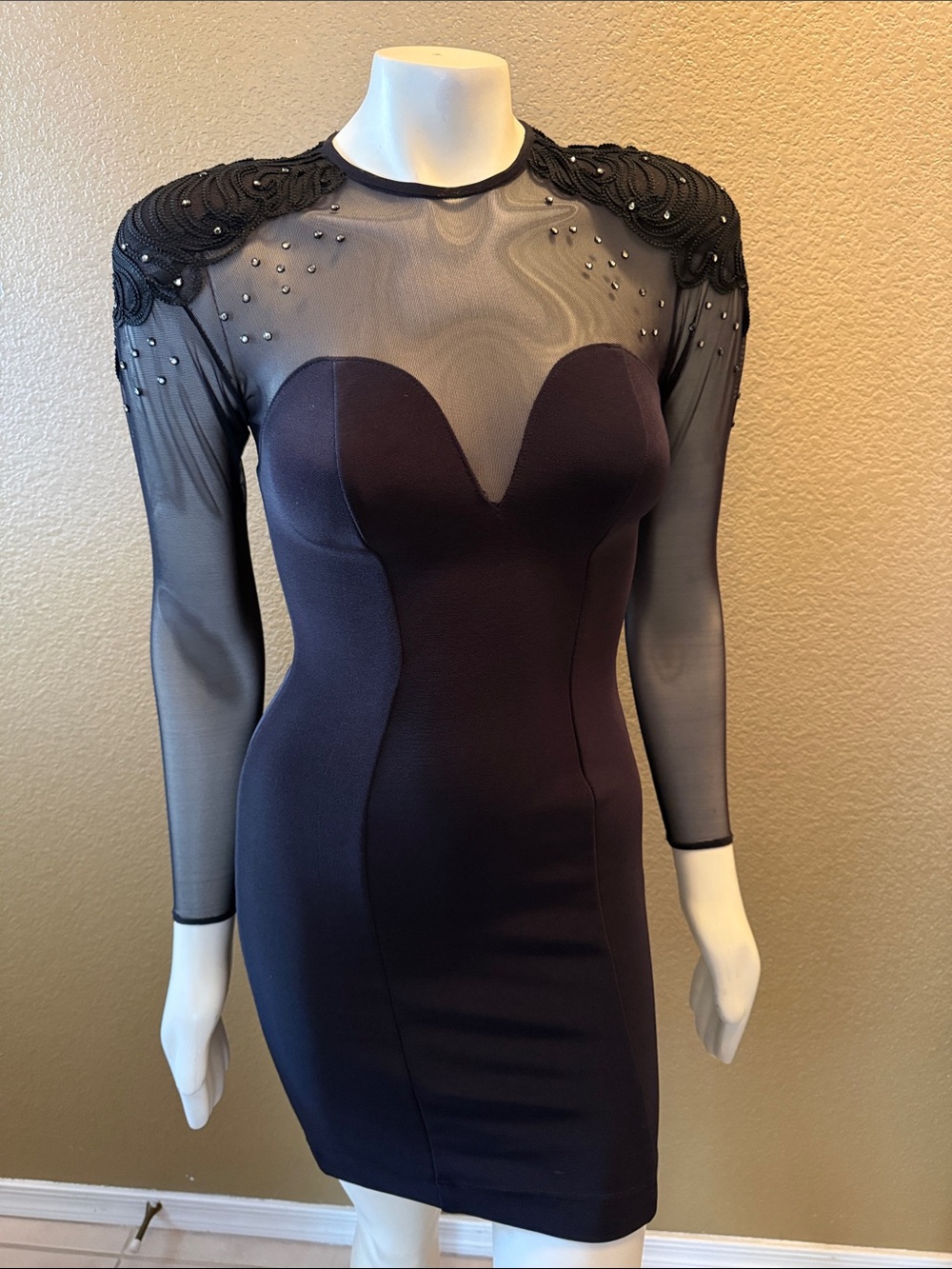 Black Sheer-Top Bodycon Dress with Embellished Shoulders